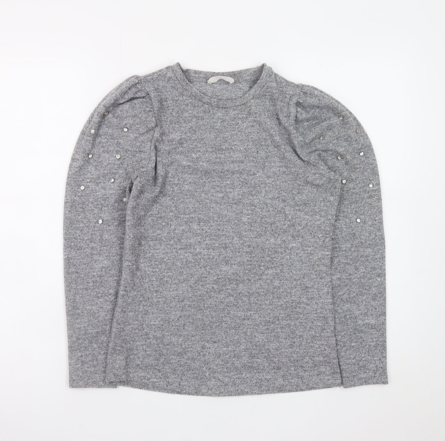 Savida Womens Grey XS Beaded Puff Sleeve Crew Neck Knit Jumper