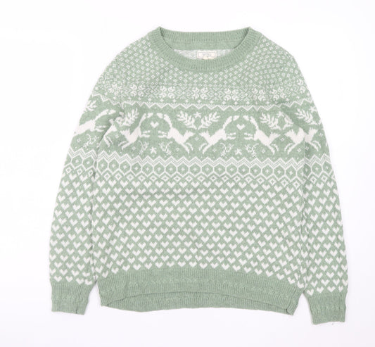 Fat Face Women's Green Fair Isle Crew Neck Wool Jumper UK 10