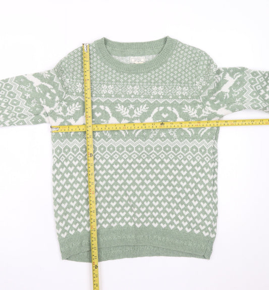 Fat Face Women's Green Fair Isle Crew Neck Wool Jumper UK 10