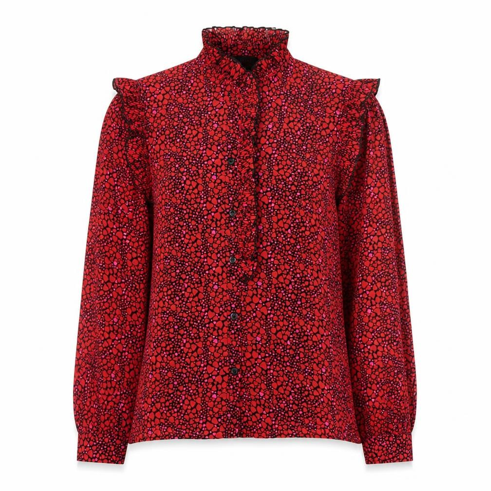 Savida Women's Red Floral Ruffle Long Sleeve Blouse XS