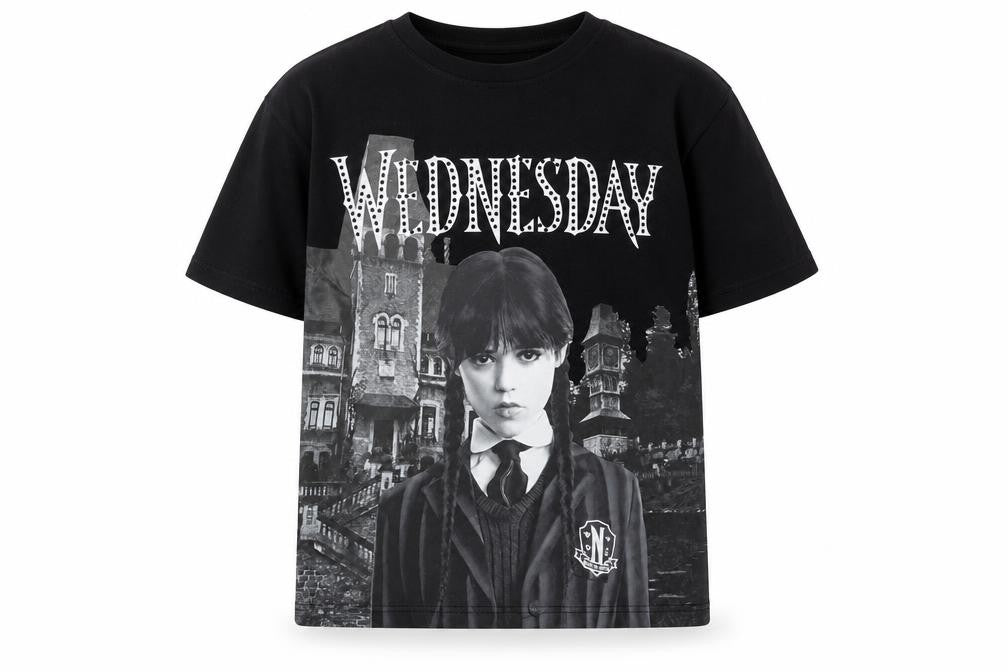 Front view of Wednesday Black Graphic T-Shirt for girls’ 11-12 years gothic style