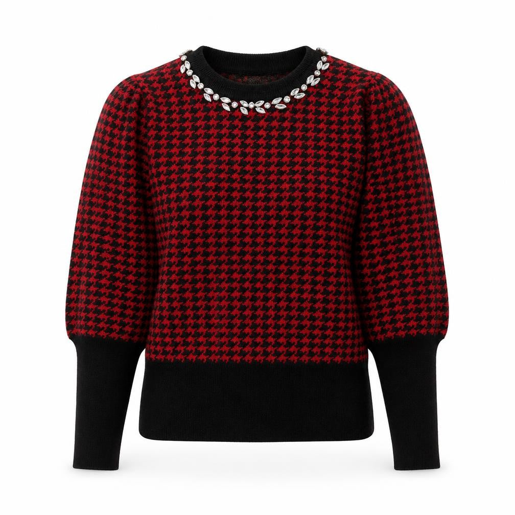 Savida Women Red & Black Houndstooth Jewel Crew Neck Jumper Size 12