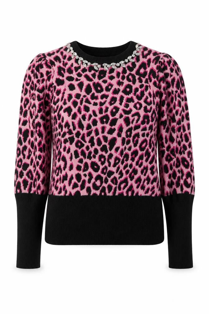 Savida Women's Pink Leopard Jewel Neck Puff Sleeve Jumper Size 12
