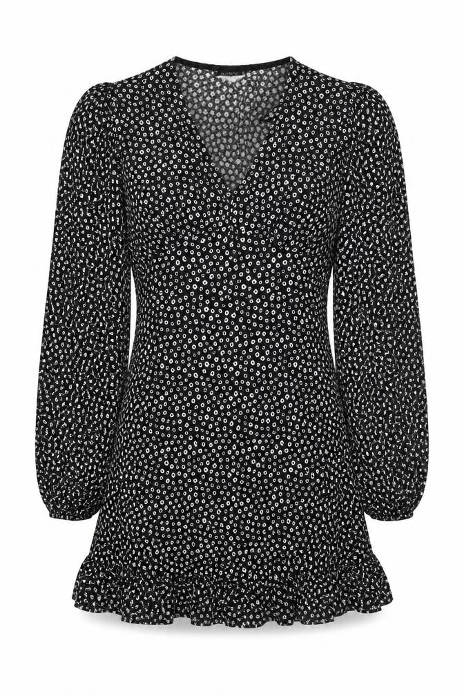 Front view of Dunnes Women’s Black Floral Mini Dress, size UK 8, V-Neck Long Sleeve