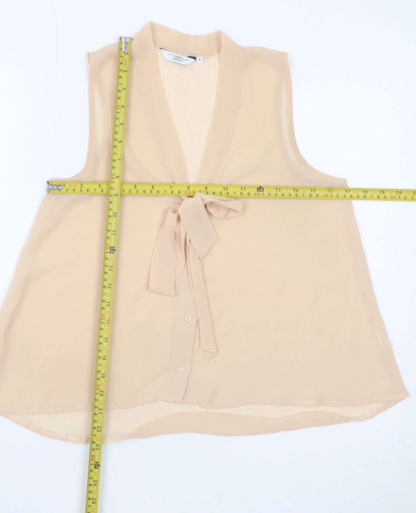 New Look Women Beige Sleeveless Bow Neck Chiffon Blouse Size 8