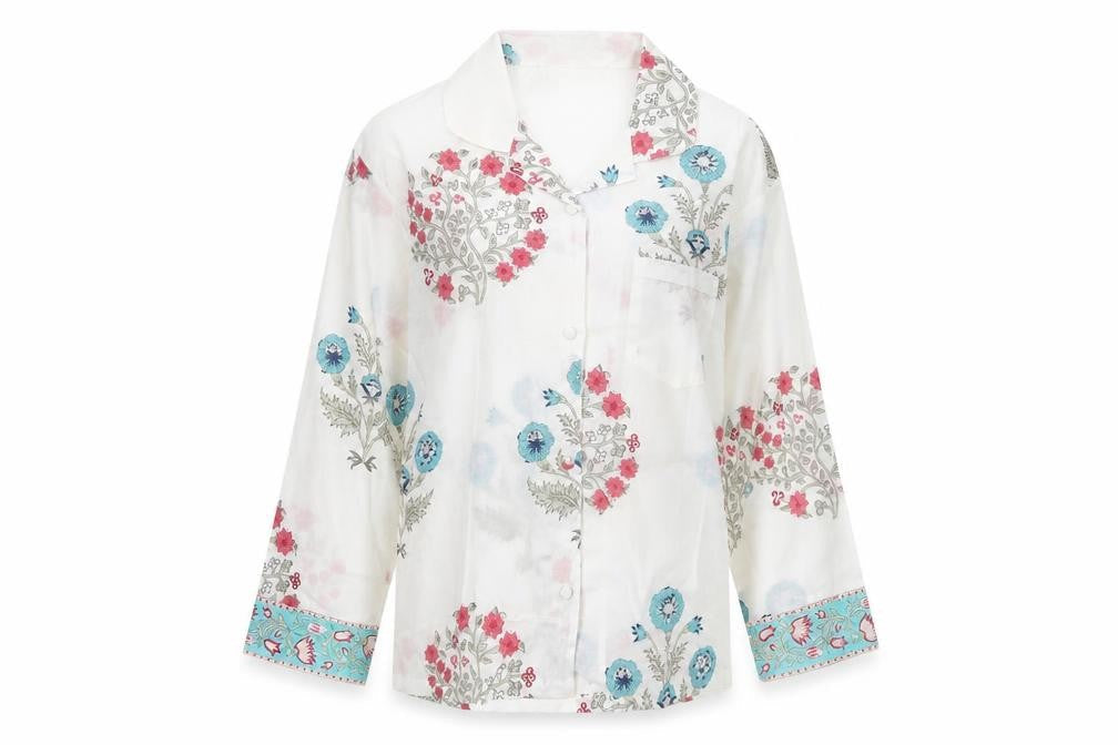 Powell Craft Womens White Floral Cotton Pyjama Top M