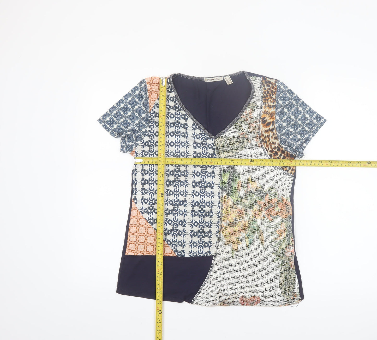 Punt Roma Women's Multicoloured Patchwork V-Neck Short Sleeve T-Shirt Size S