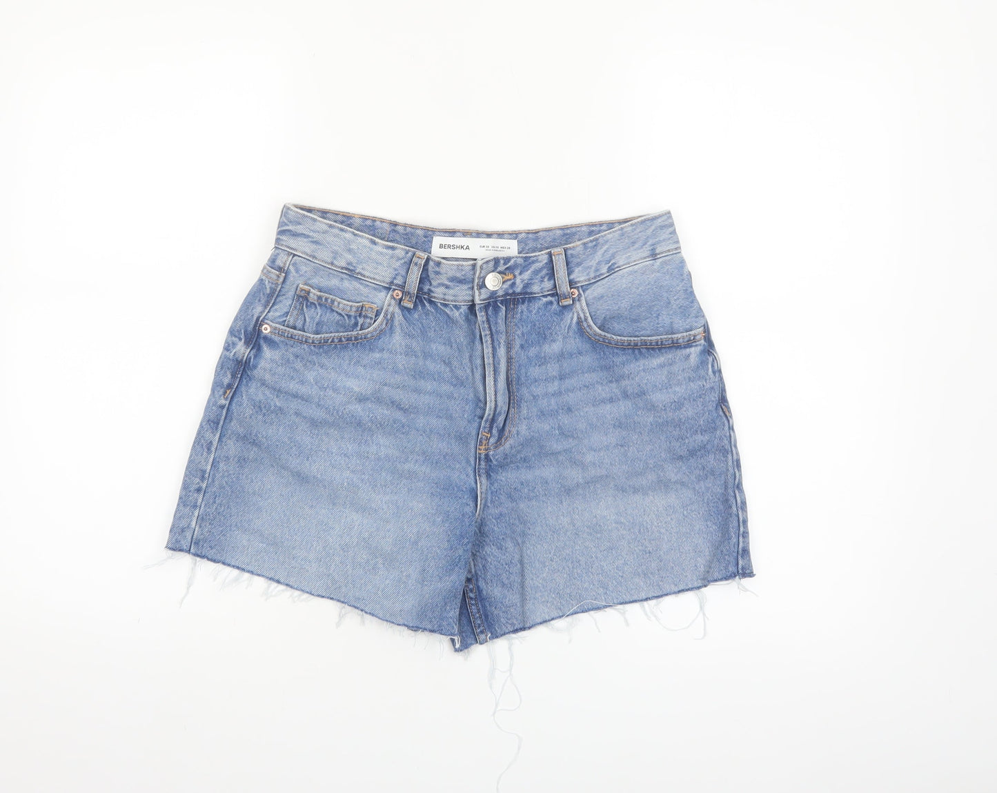 Bershka Women's Blue Denim Cut-Off Shorts Size 10 High Rise