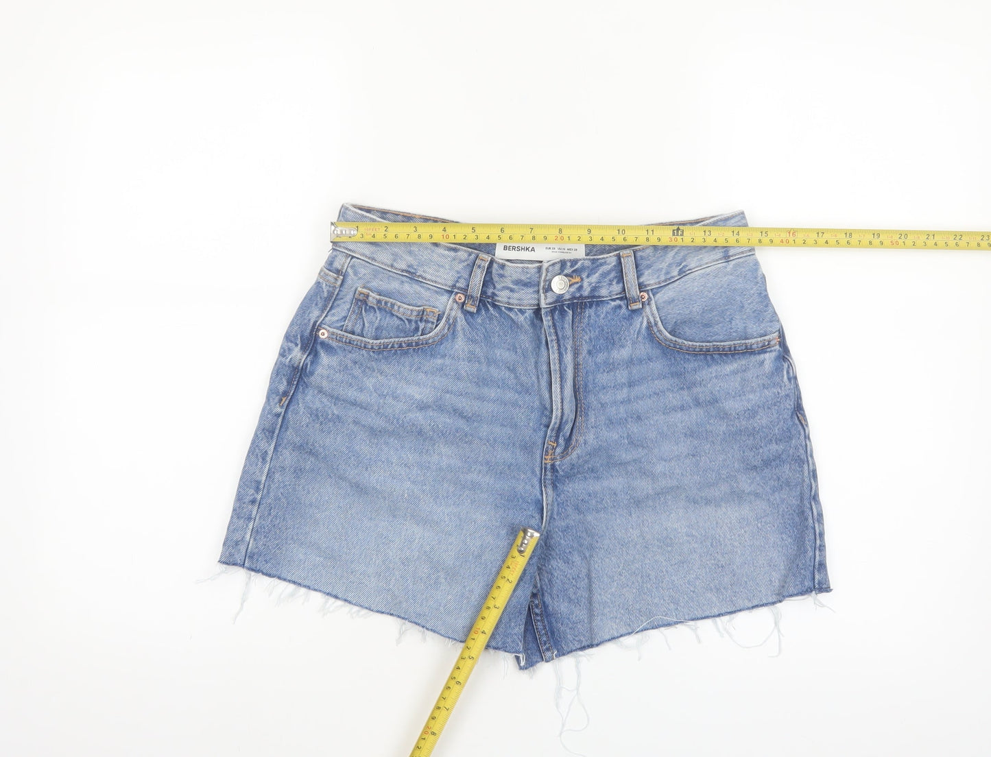 Bershka Women's Blue Denim Cut-Off Shorts Size 10 High Rise