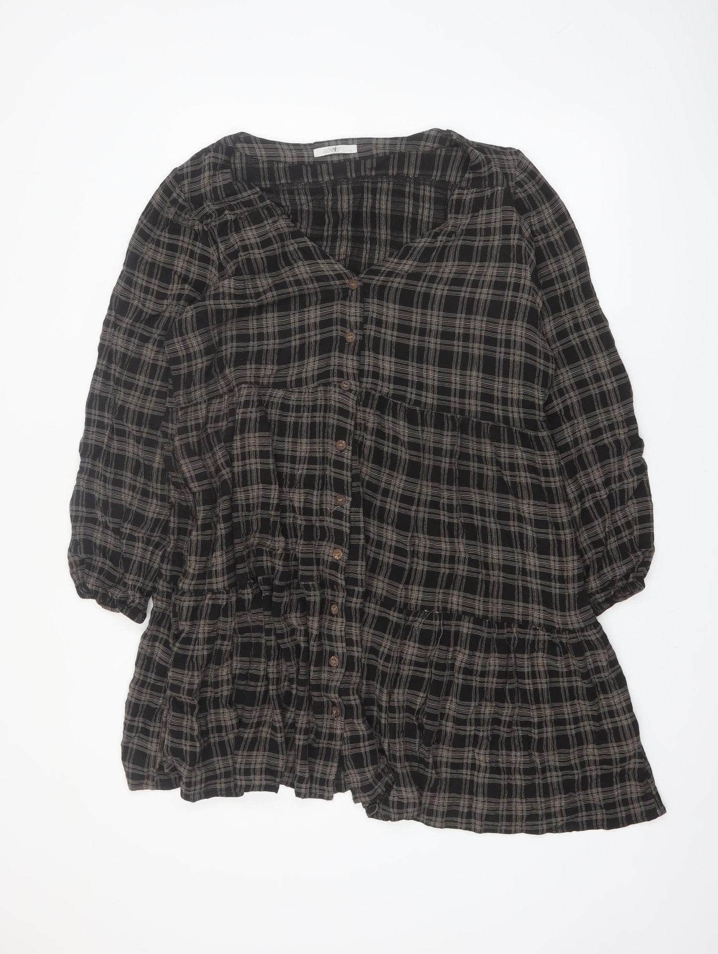 Hailys Womens Black Checked Shirt Dress XL Casual Viscose