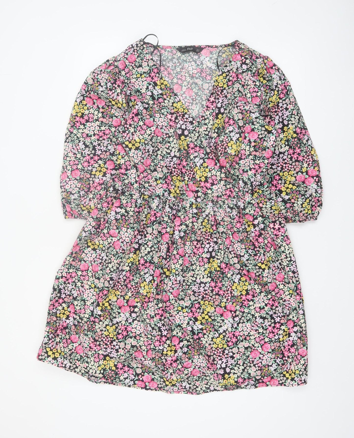 F&F Women's Multicoloured Floral A-Line V-Neck Dress Size 14