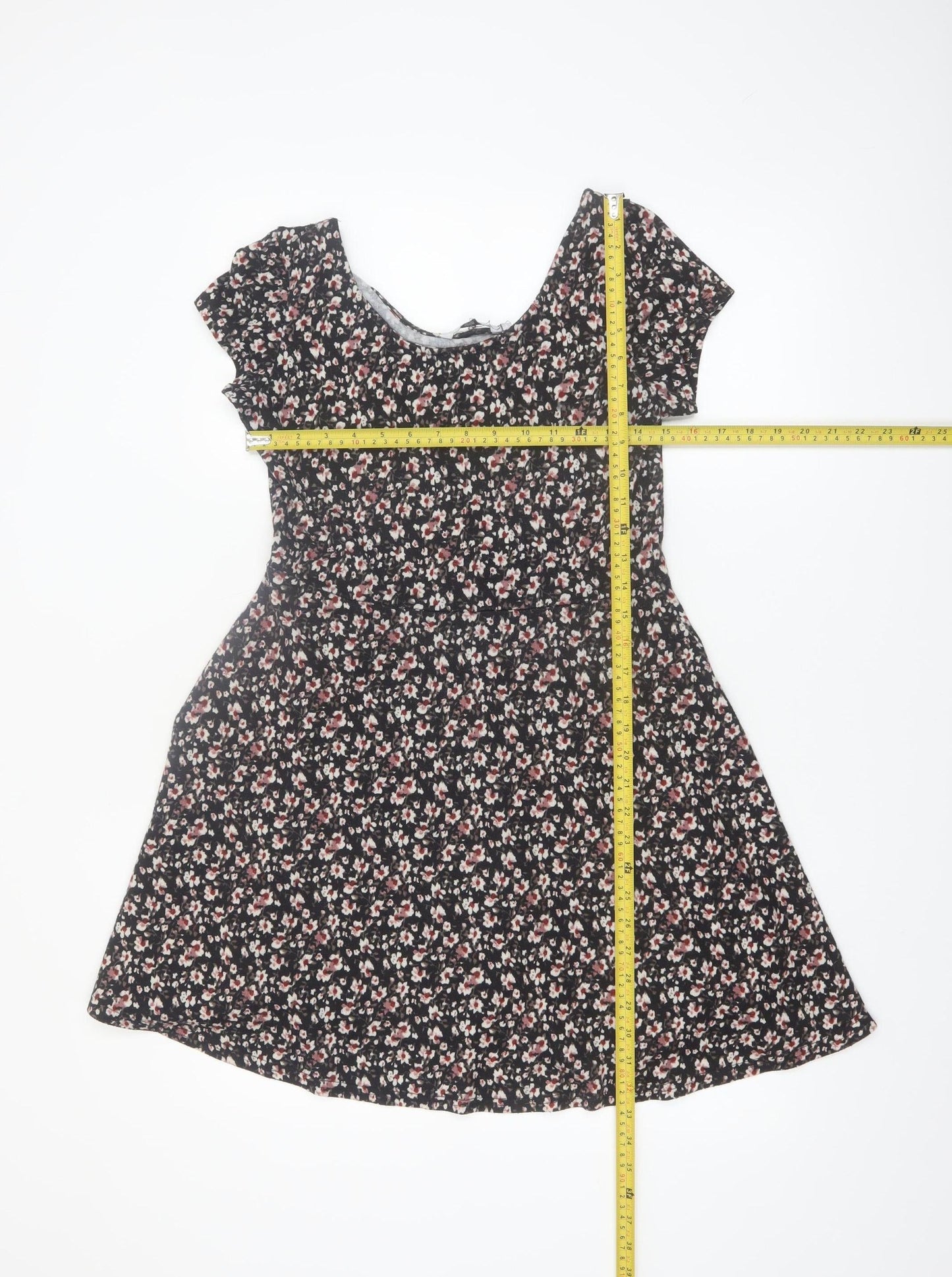 New Look Women Black Floral Short Sleeve Skater Dress Size 10