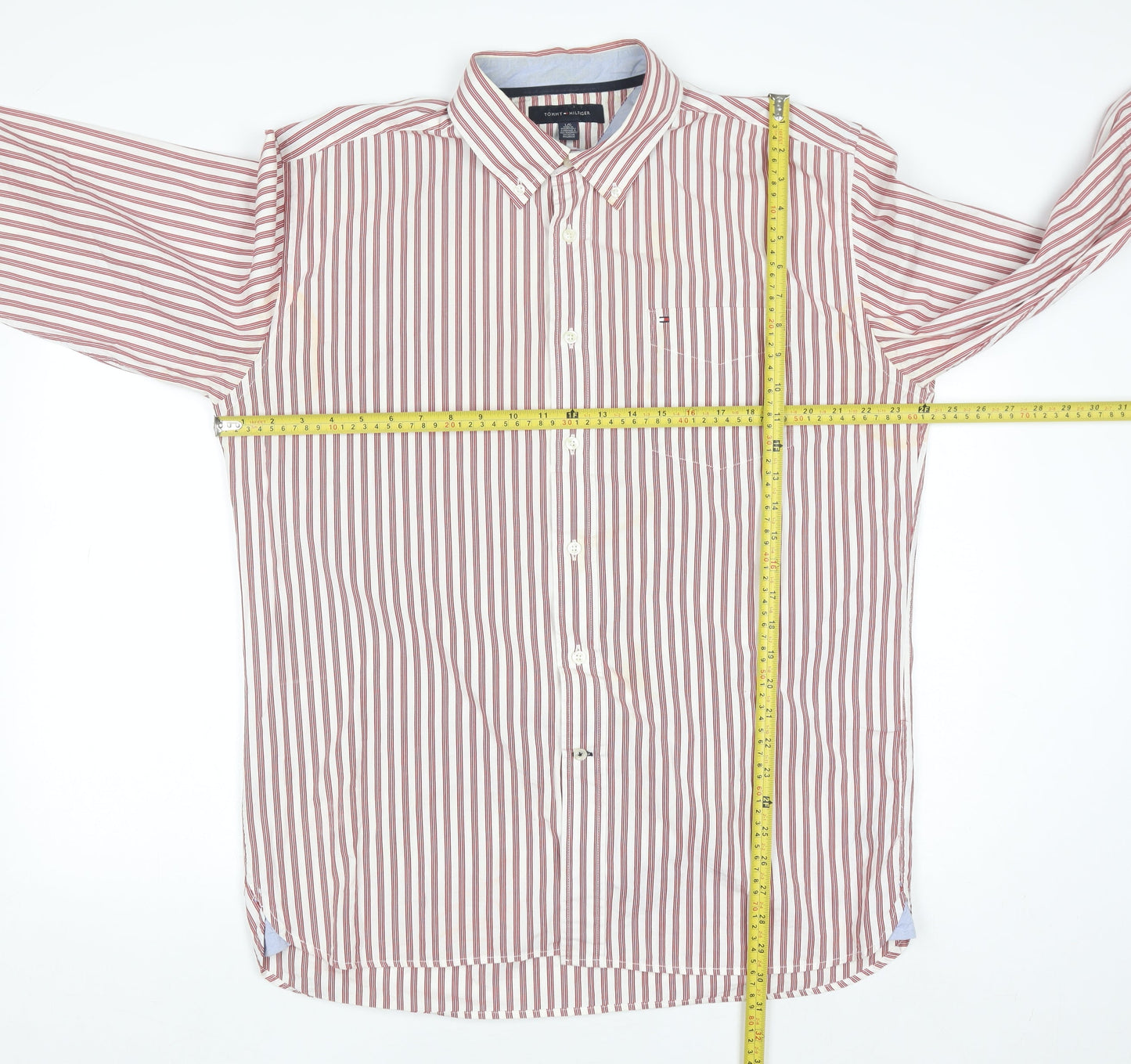 Tommy Hilfiger Men’s Red Striped Button-Down Cotton Shirt L