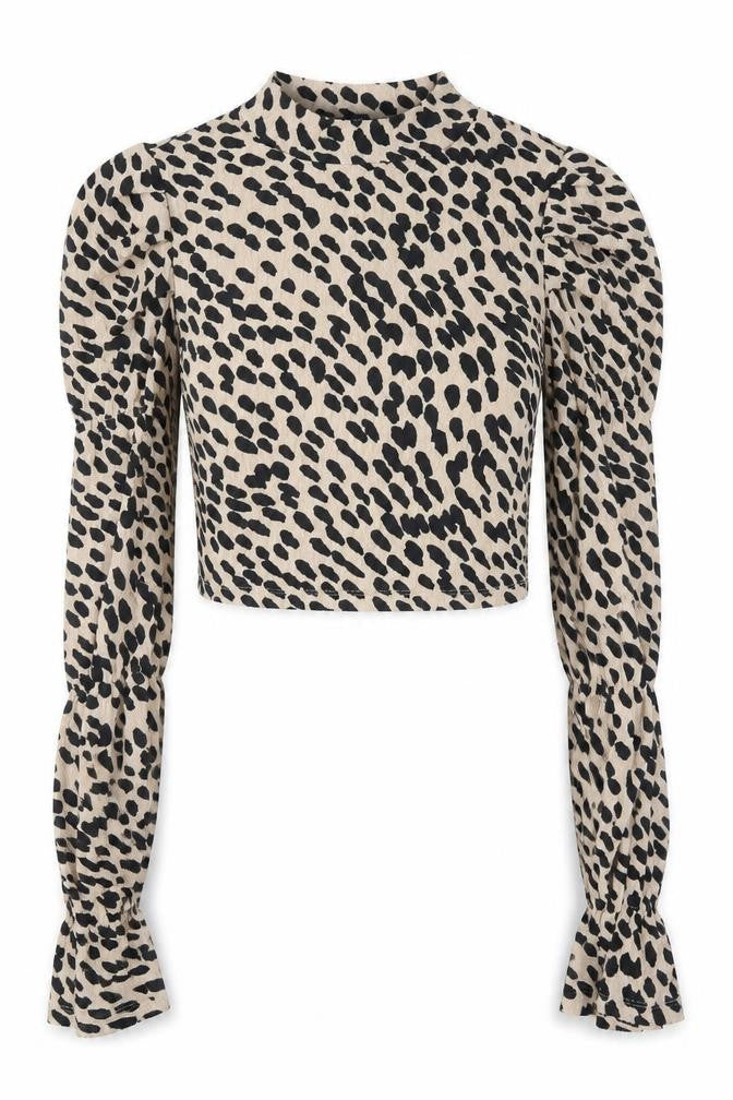 Bershka Women Beige Animal Print Cropped Long Sleeve Blouse Size 10