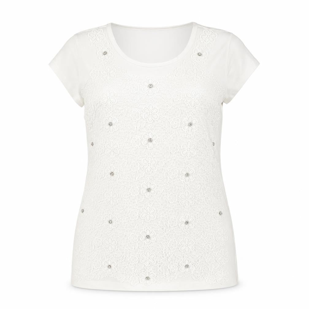 Kate Cooper Women's Ivory Floral Beaded Short Sleeve T-Shirt Size 16