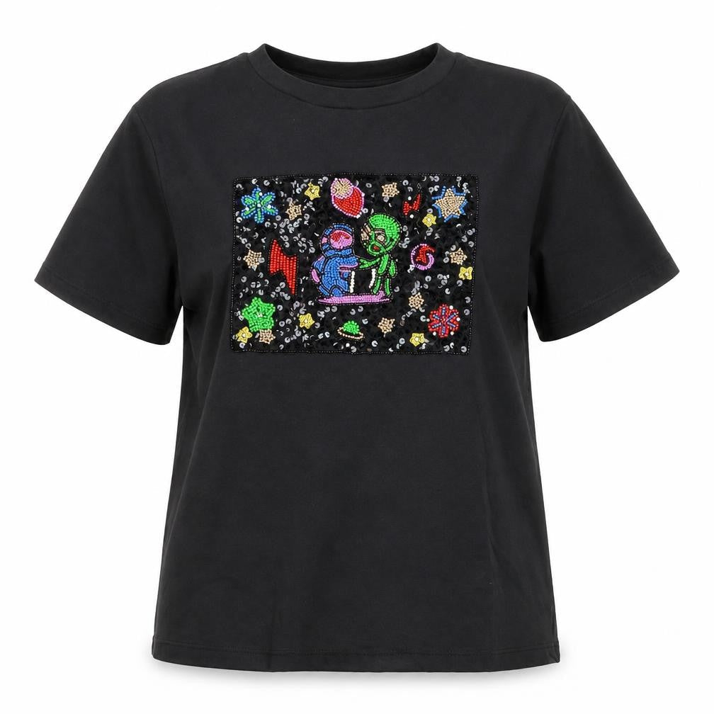 Front view of UTERQUE girls’ black beaded space graphic short sleeve t-shirt s