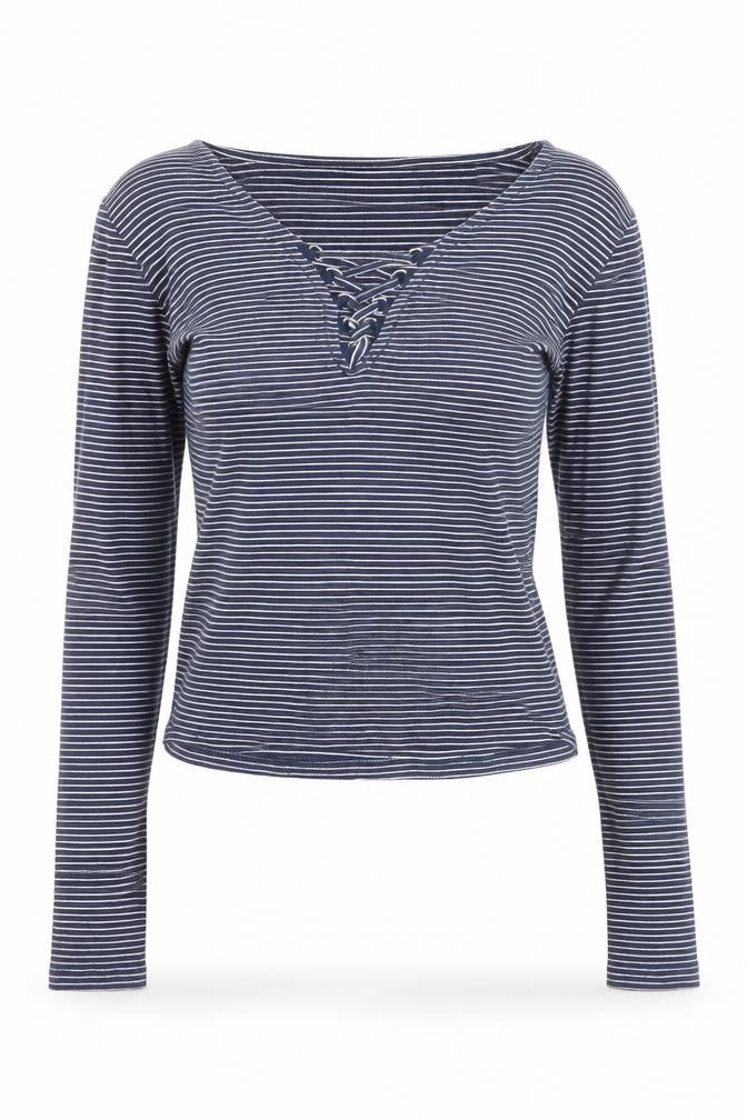 New Look Women's Blue Striped Lace Up Cropped T-Shirt Size 12