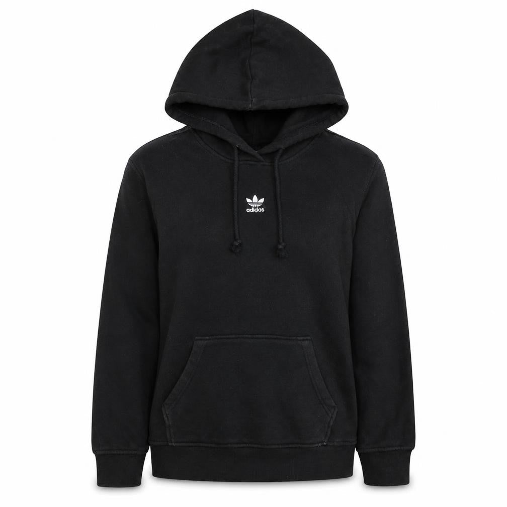 Front view of Adidas women’s black pullover hoodie, size UK 6, lightweight cotton casual