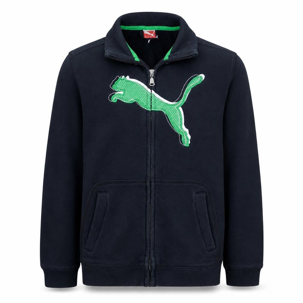 Front view of Puma boys’ black track jacket, size 14, years full zip fleece activewear