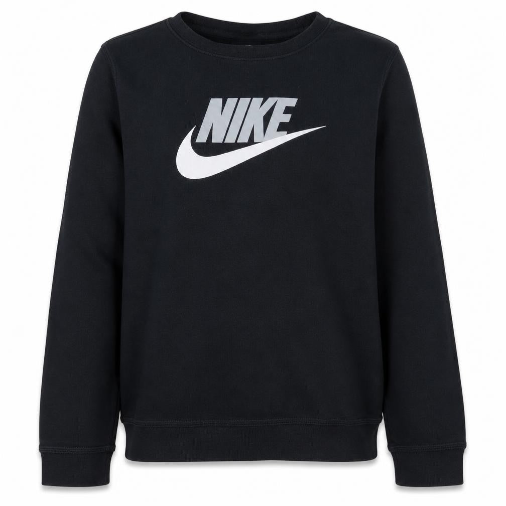Front view of Nike boys’ black xl crew neck pullover sweatshirt with logo print