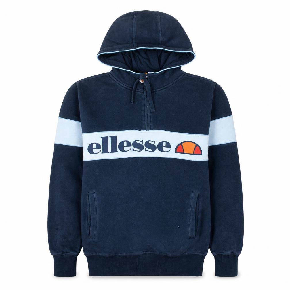 Front view of Ellesse Men’s Blue 1/2 Zip Hoodie S Retro Sports Cotton Blend