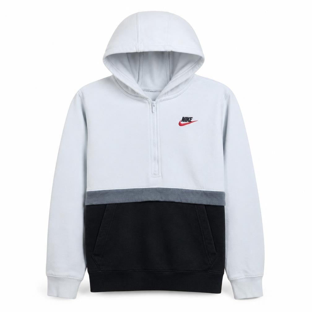 Front view of Nike boys’ white colourblock fleece 1/2 zip hoodie xl 158-170cm