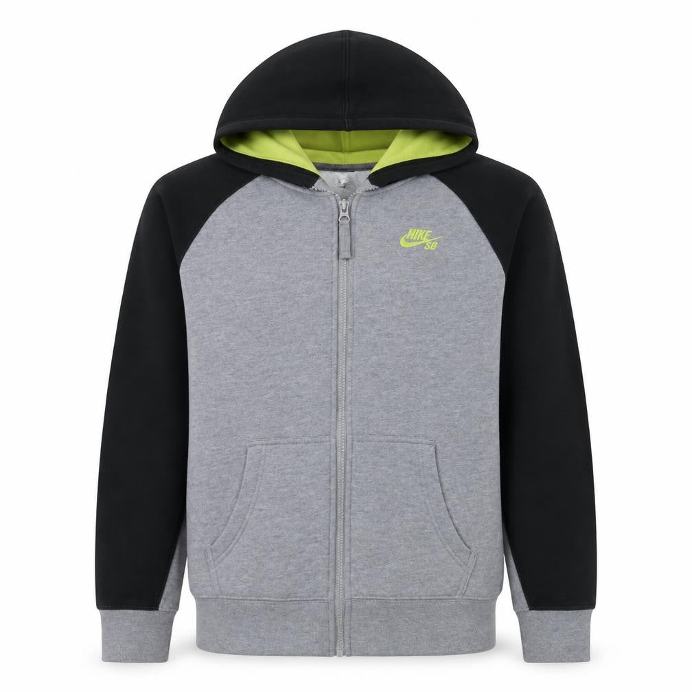 Front view of Nike boys’ grey & black sb full zip hoodie, size 13-15, years fleece
