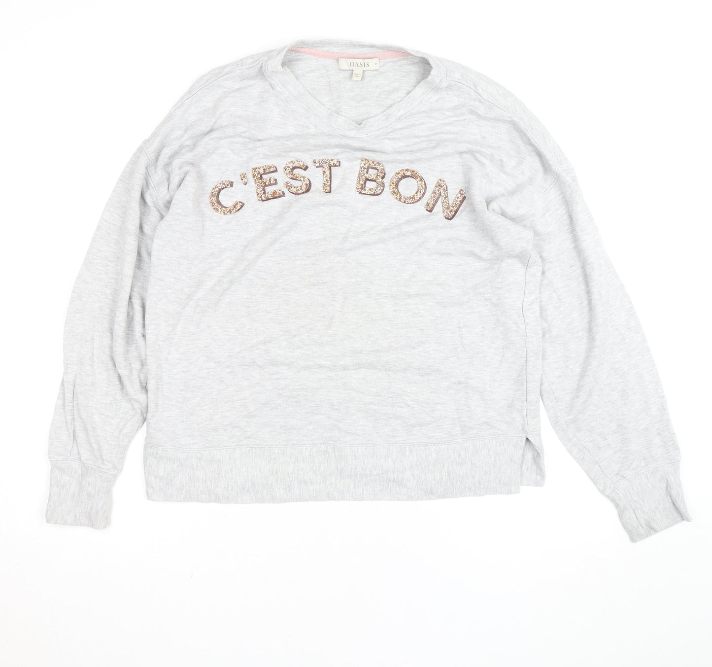 Oasis Unisex Grey Embroidered Sequin C'Est Bon V-Neck Sweatshirt M