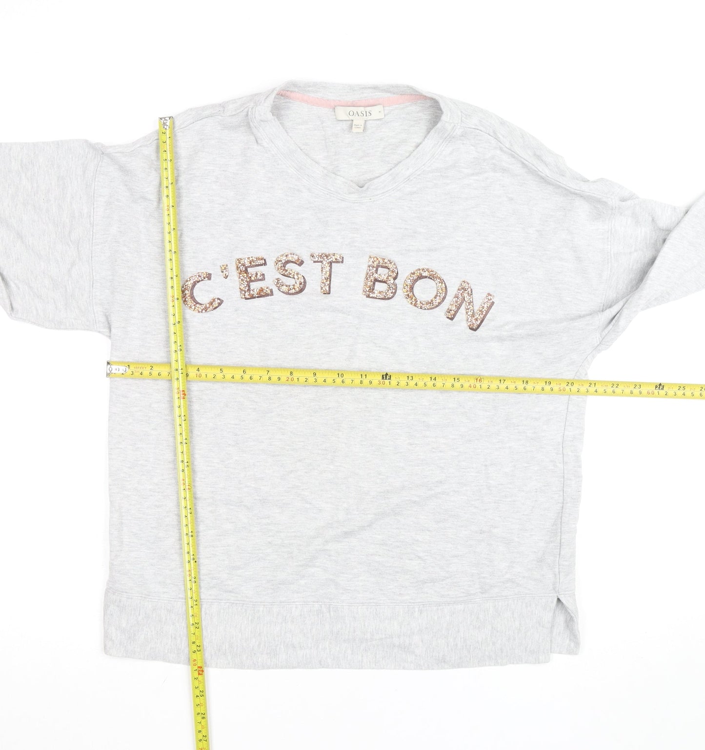 Oasis Unisex Grey Embroidered Sequin C'Est Bon V-Neck Sweatshirt M