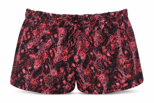 Front view of Dunnes Women Pink Black Snakeskin Print Relaxed Shorts, size L
