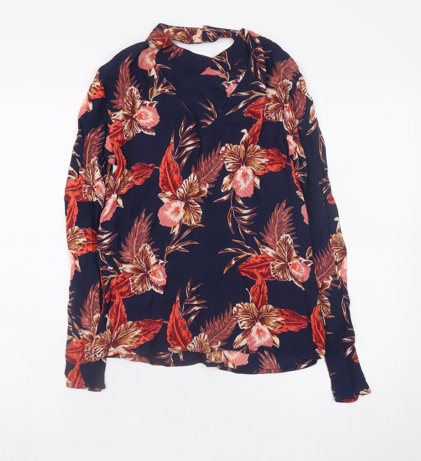 Pieces Womens Blue Floral Long Sleeve Viscose Tunic Blouse XS
