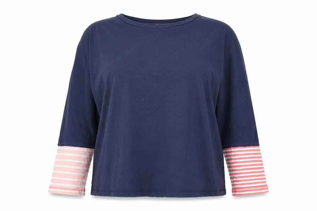 White Stuff Women Blue Striped Jersey Cotton 3/4 Sleeve T-Shirt UK 16