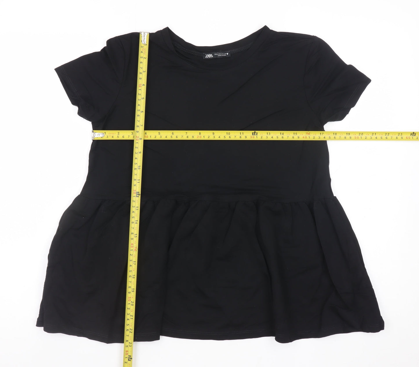 Zara Women Black Peplum Short Sleeve Tunic Top Size 8 Viscose Blend