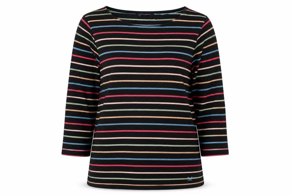 Front view of Crew Clothing Women's Multicoloured Striped 3/4 Sleeve Cotton T-Shirt, size 14