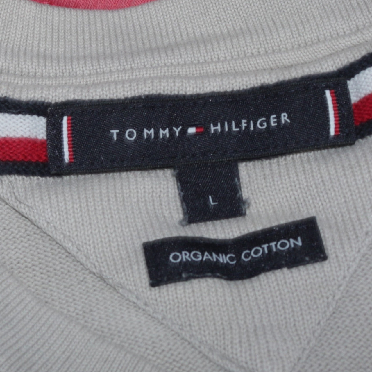 Tommy Hilfiger Men's Beige Organic Cotton V-Neck Jumper Size L