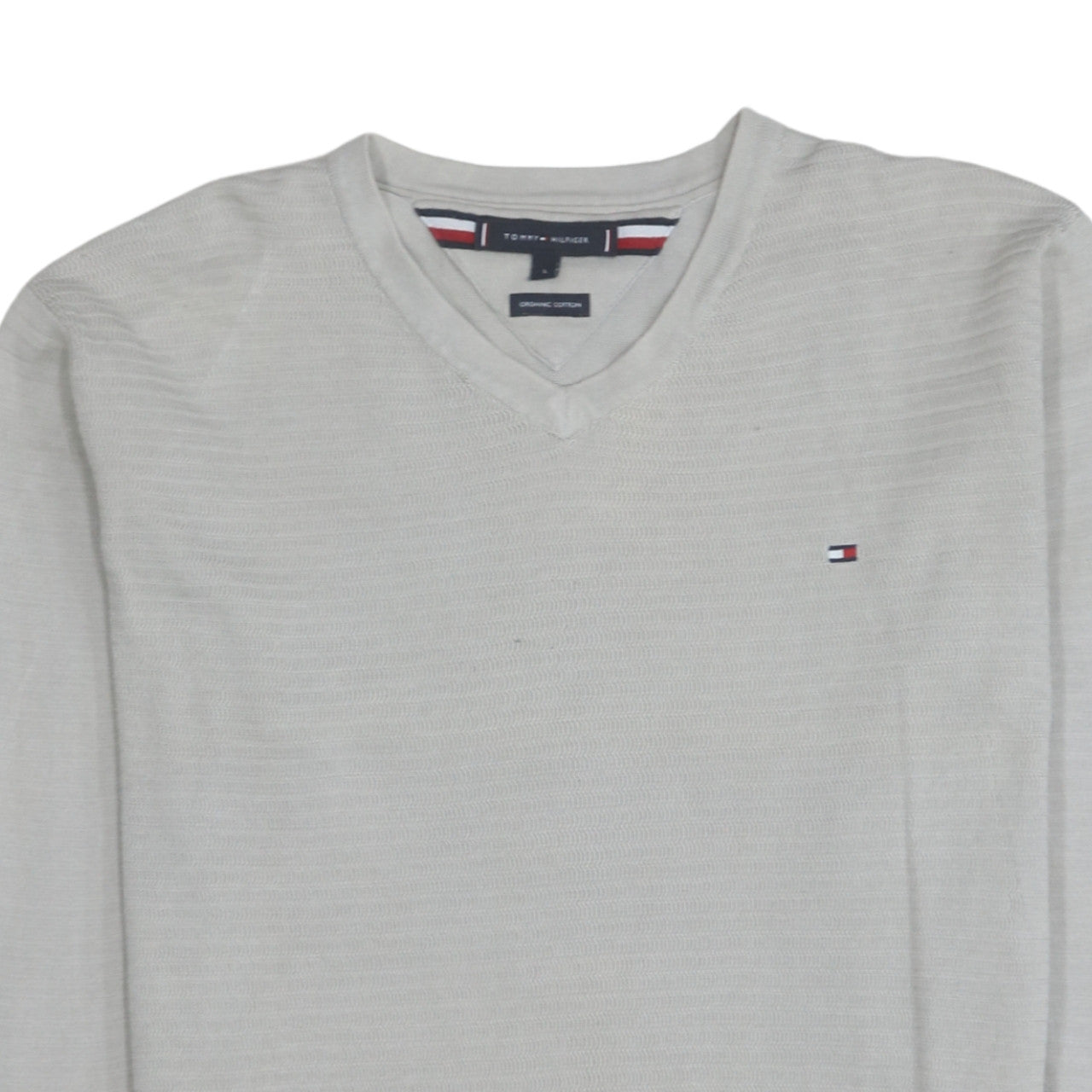 Tommy Hilfiger Men's Beige Organic Cotton V-Neck Jumper Size L