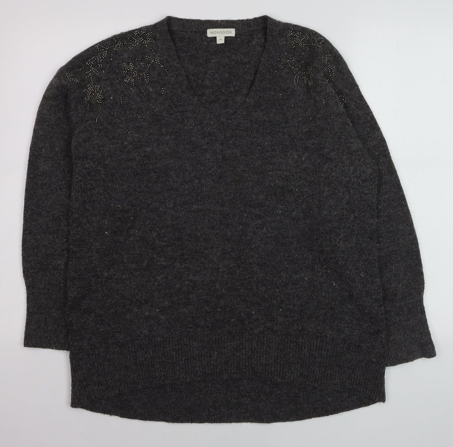 Monsoon Womens Grey Beaded V-Neck Long Sleeve Jumper Size M