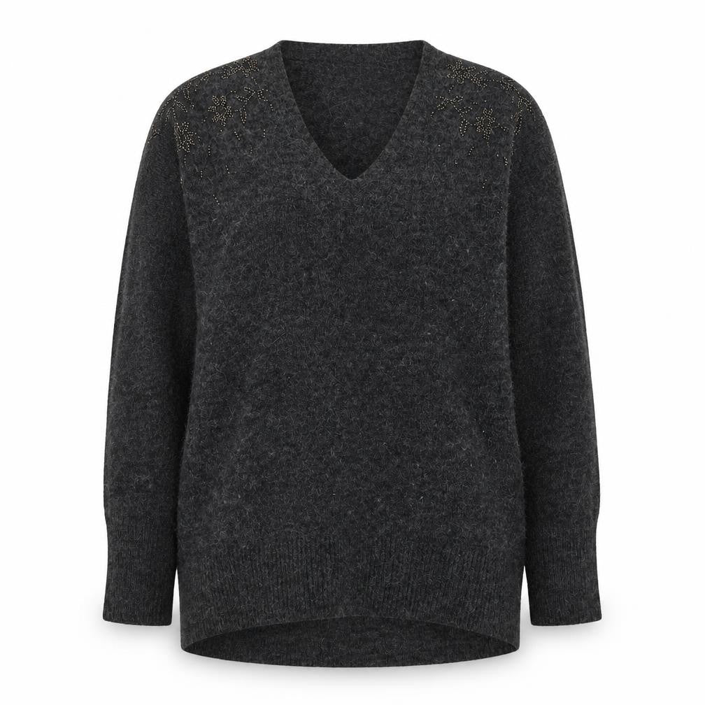 Monsoon Womens Grey Beaded V-Neck Long Sleeve Jumper Size M