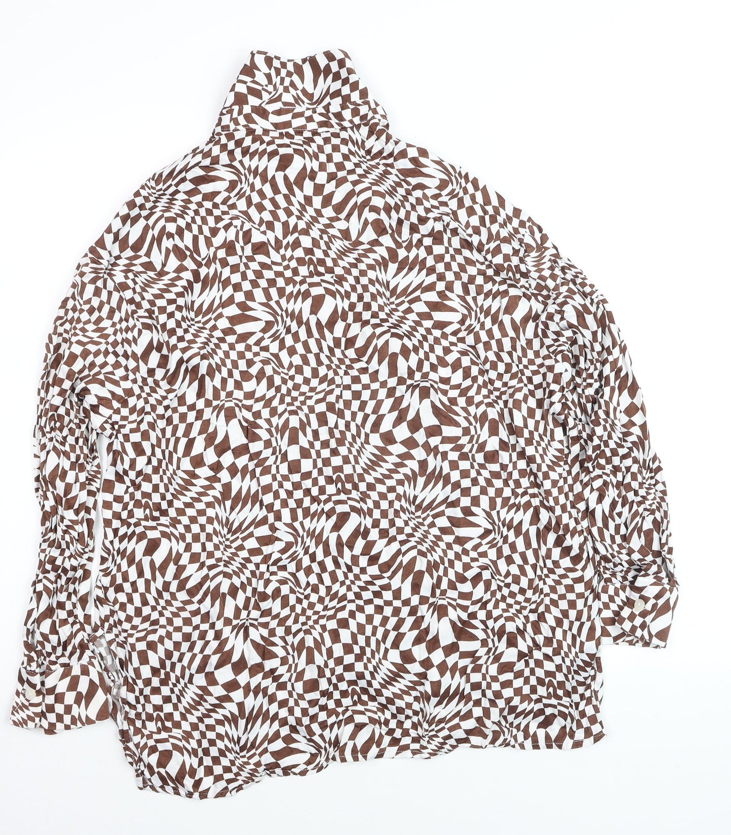Bershka Women’s Brown Geometric Long Sleeve Button-Up Shirt Size 12