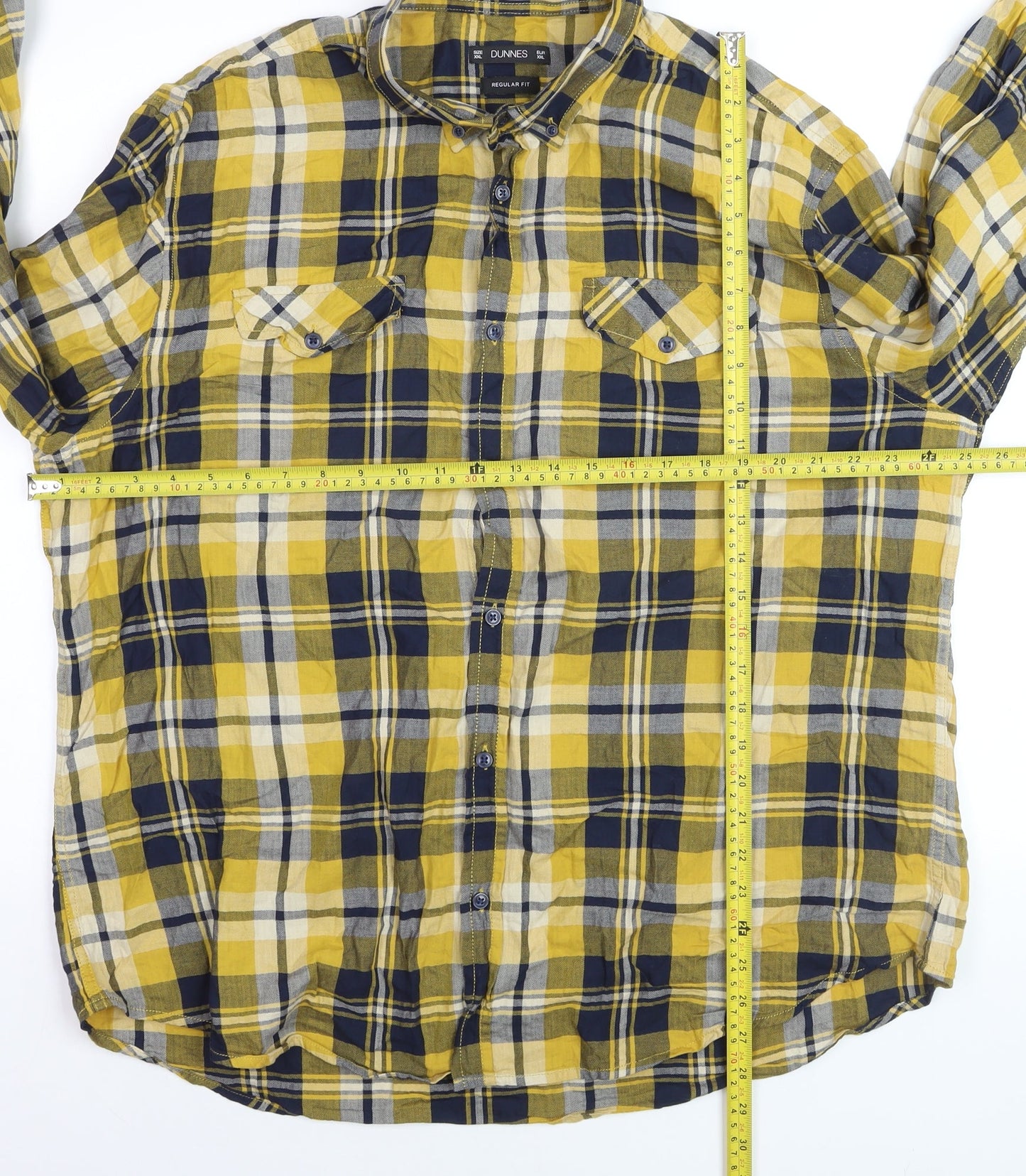 Dunnes Men's Yellow Blue Check Long Sleeve Regular Fit Cotton Shirt XXL