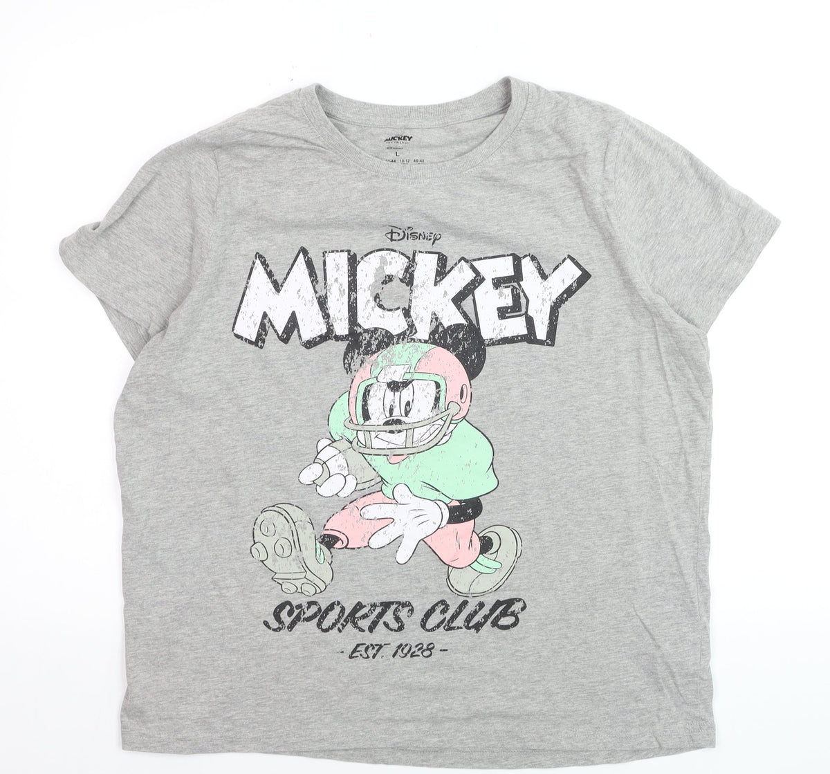 Front view of Disney Women’s Grey Mickey Mouse Sports Club T-Shirt, size L