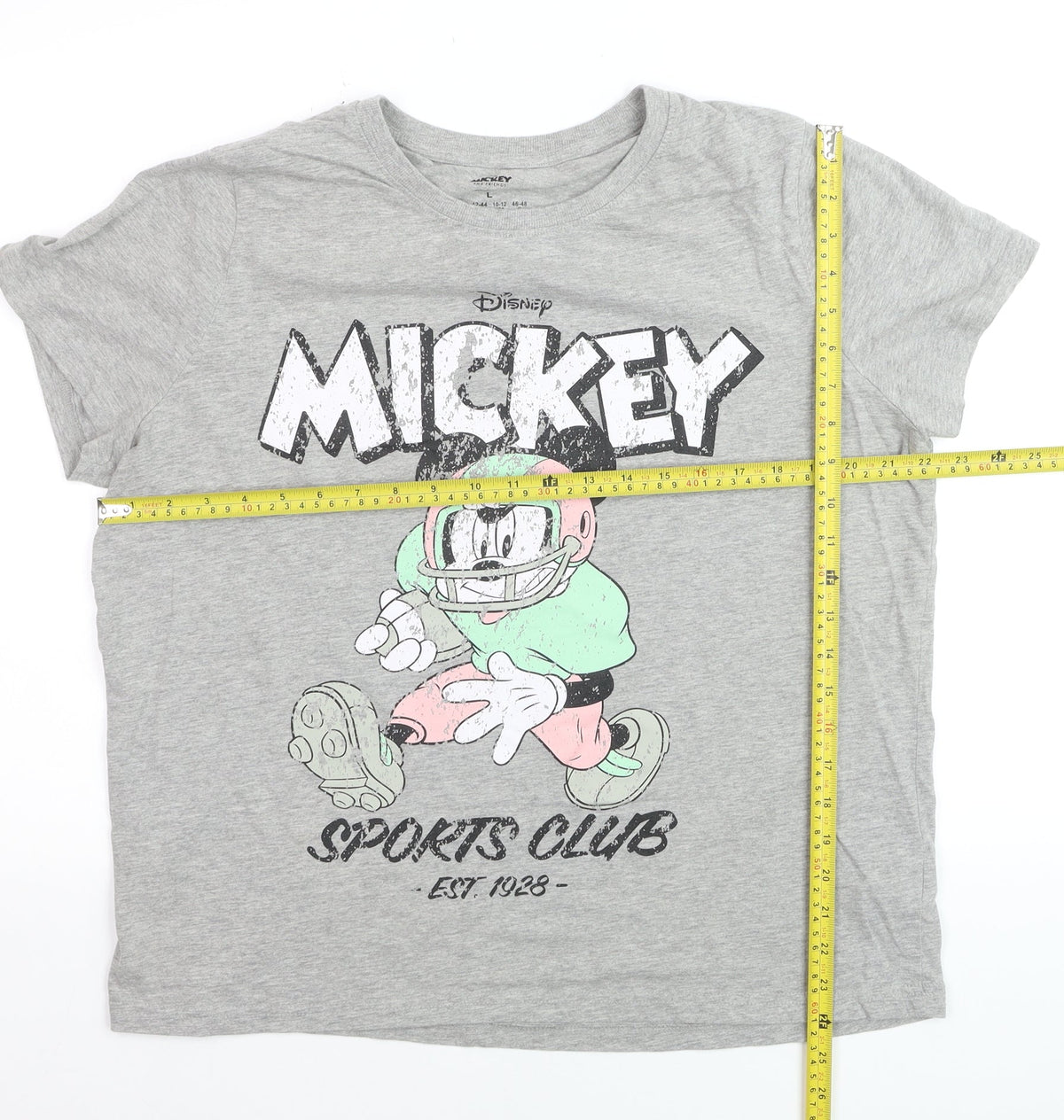 Back view of Disney Women’s Grey Mickey Mouse Sports Club T-Shirt, size L