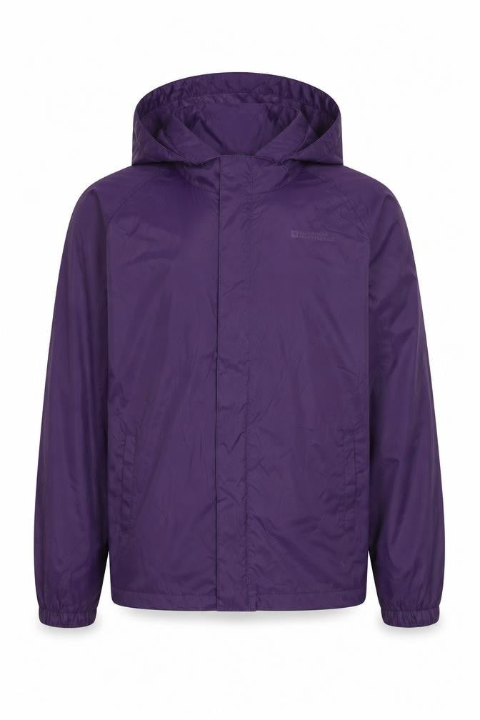 Front view of Mountain Warehouse girls’ purple waterproof hooded rain coat 13 years
