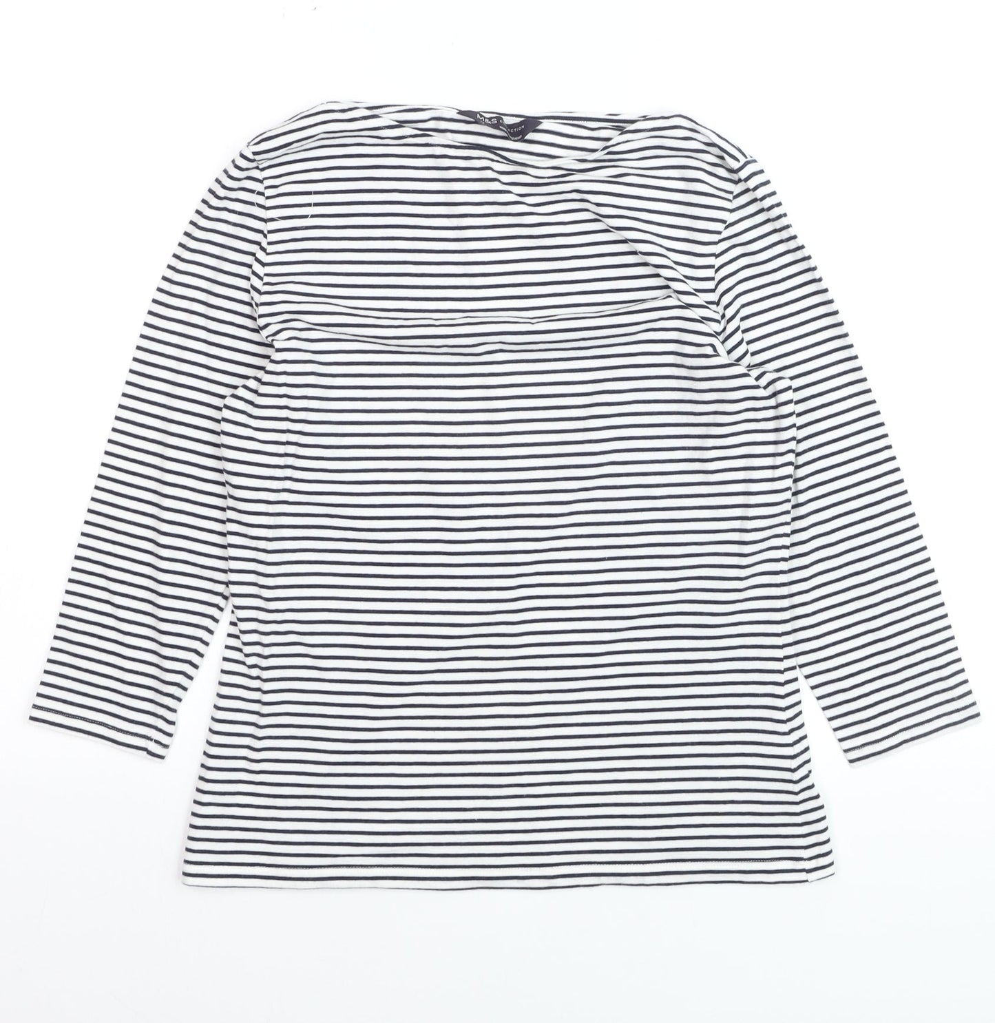 Marks and Spencer Women's White Striped 3/4 Sleeve Cotton T-Shirt Size 12