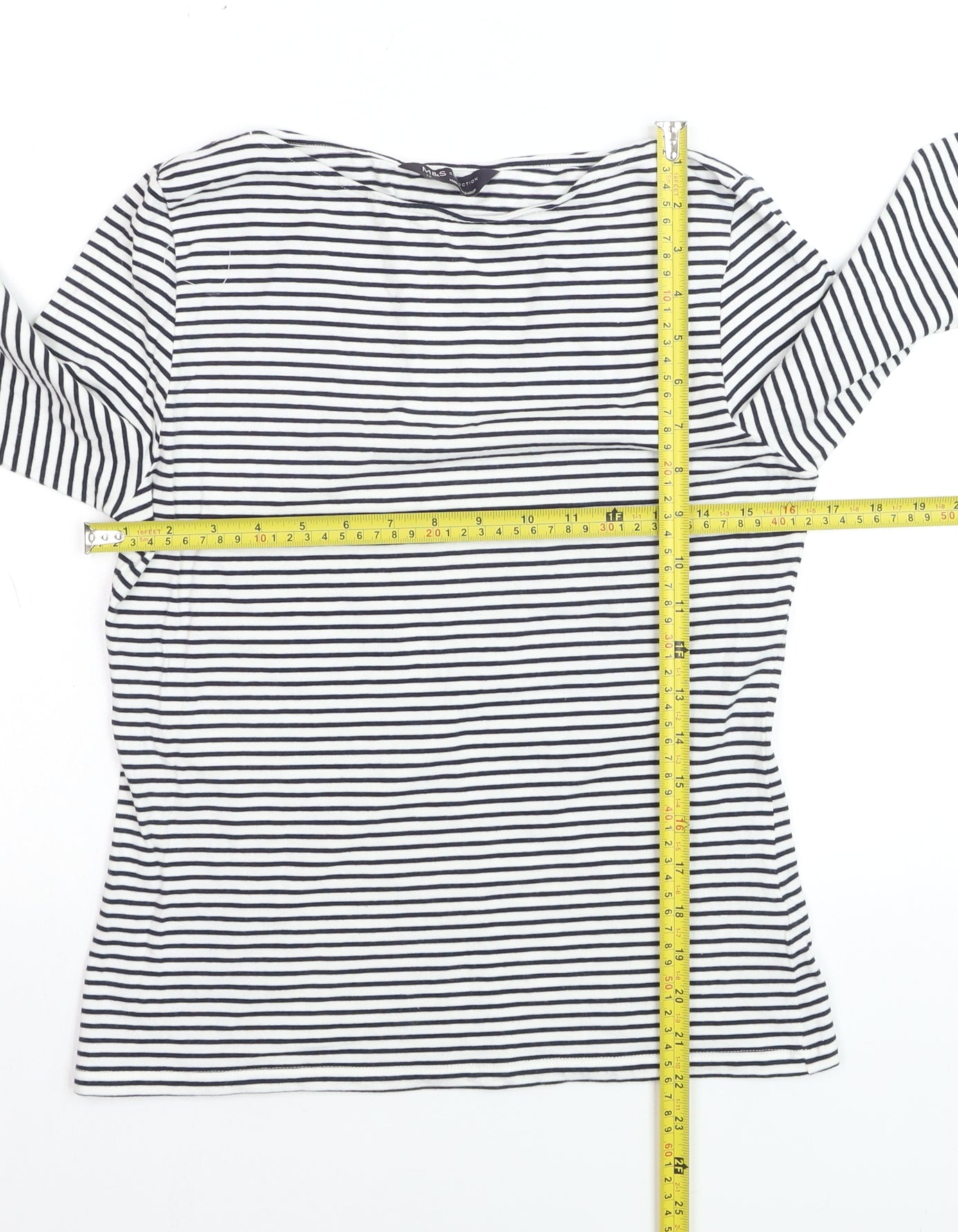 Marks and Spencer Women's White Striped 3/4 Sleeve Cotton T-Shirt Size 12