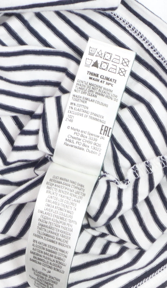 Marks and Spencer Women's White Striped 3/4 Sleeve Cotton T-Shirt Size 12