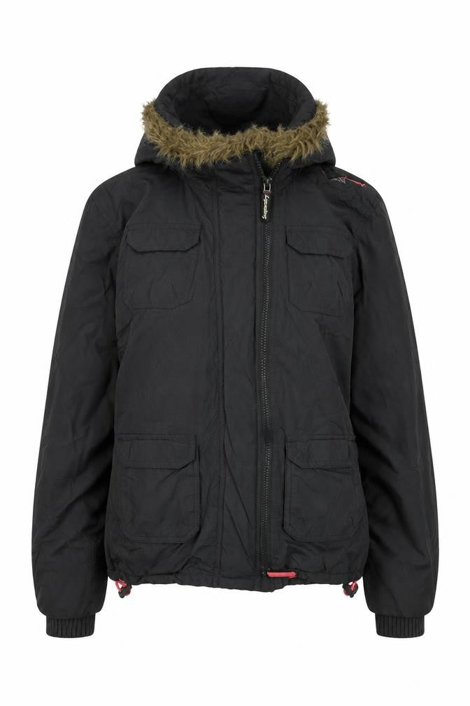 Superdry Women Black M Windcheater Hooded Jacket Faux Fur Trim