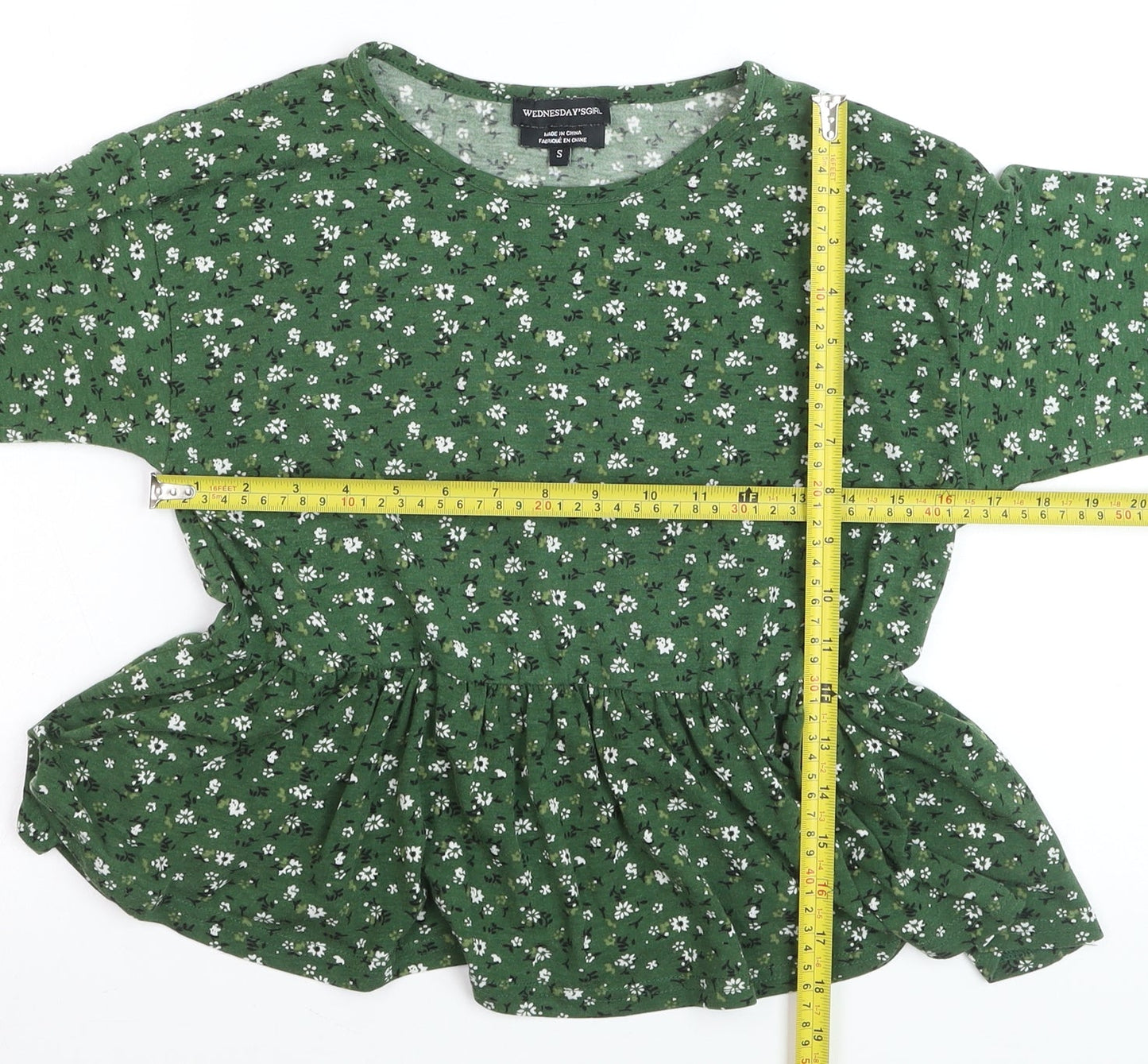 Wednesday’s Girl Women’s Green Floral Long Sleeve Jersey Blouse Size S