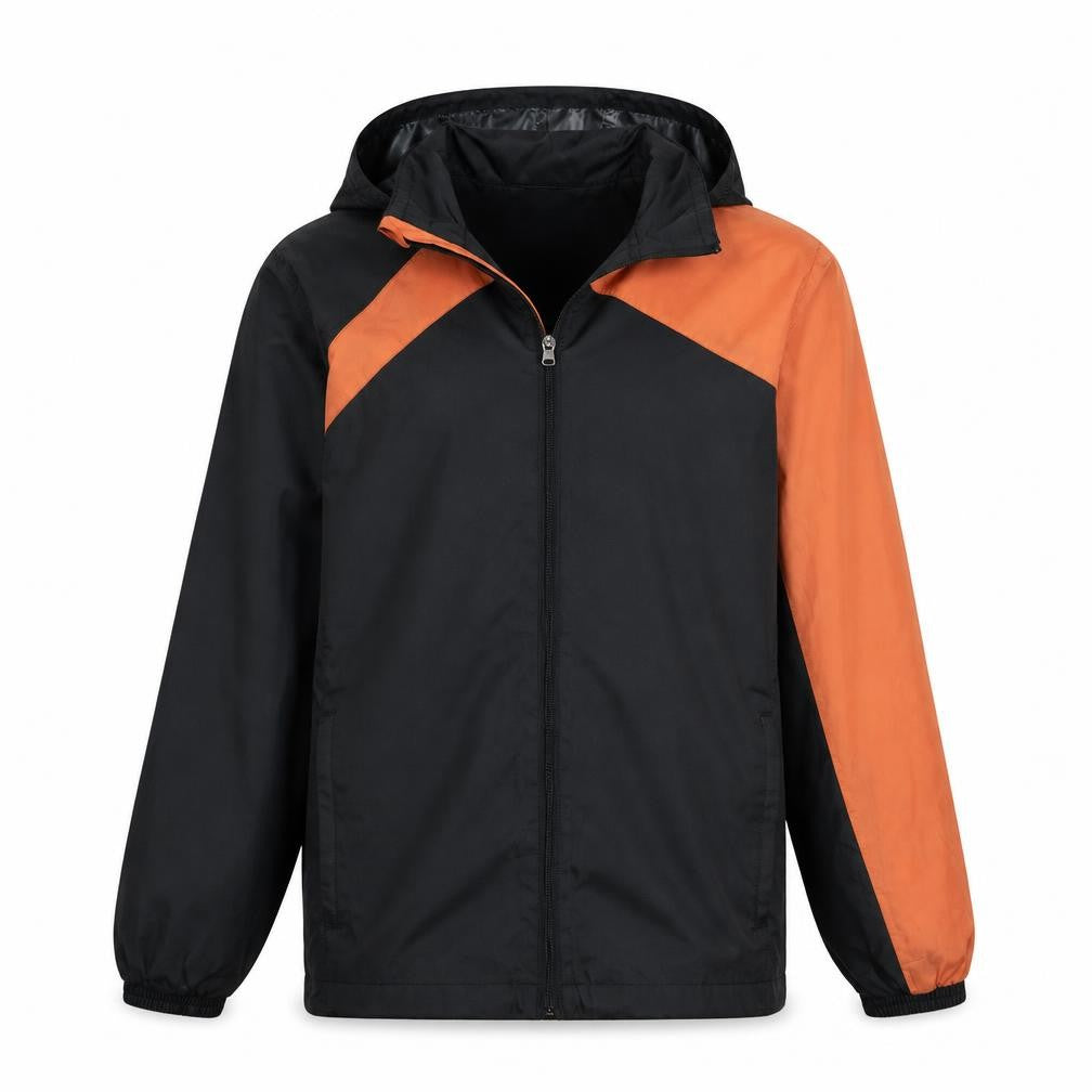 Front view of Erima boys’ black and orange hooded windbreaker jacket 13-14 years