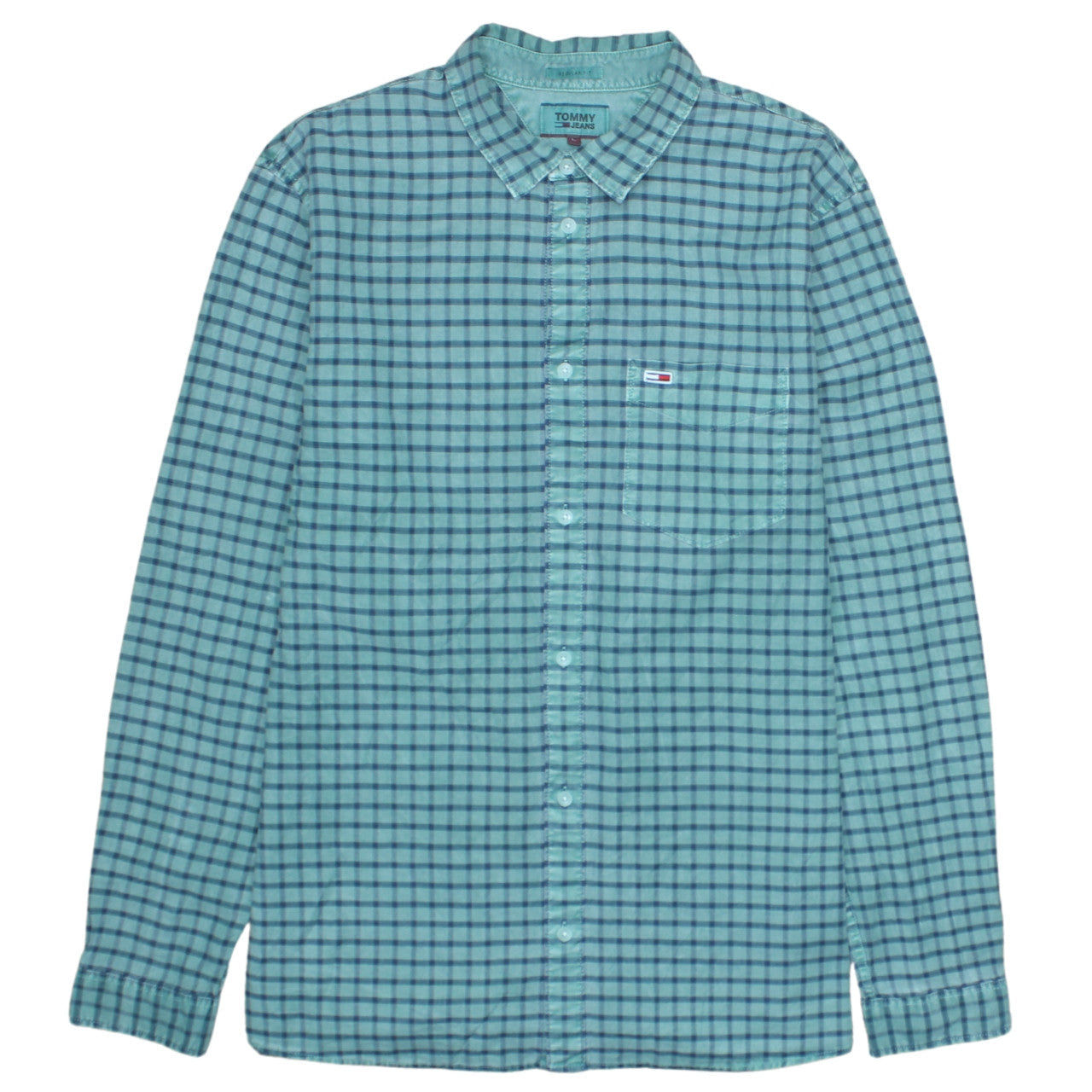 Tommy Jeans Men's Blue Check Long Sleeve Regular Fit Cotton Shirt L